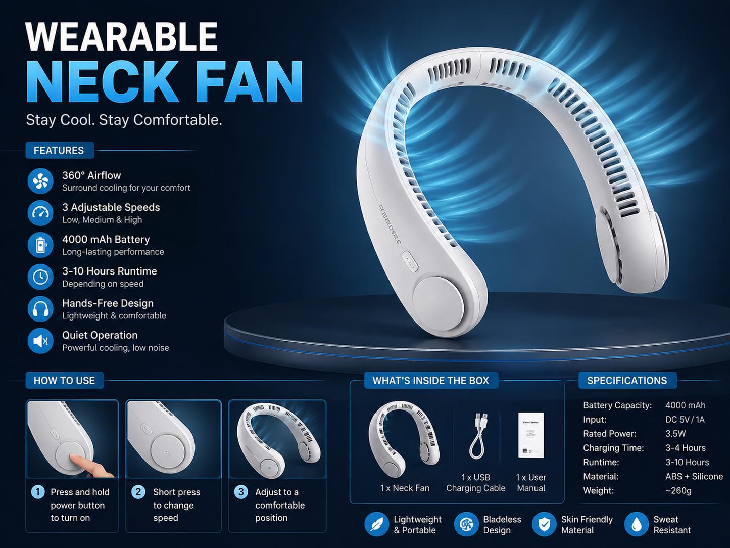Stay Cool Anywhere – Portable Neck Fan (Hands-Free Cooling)