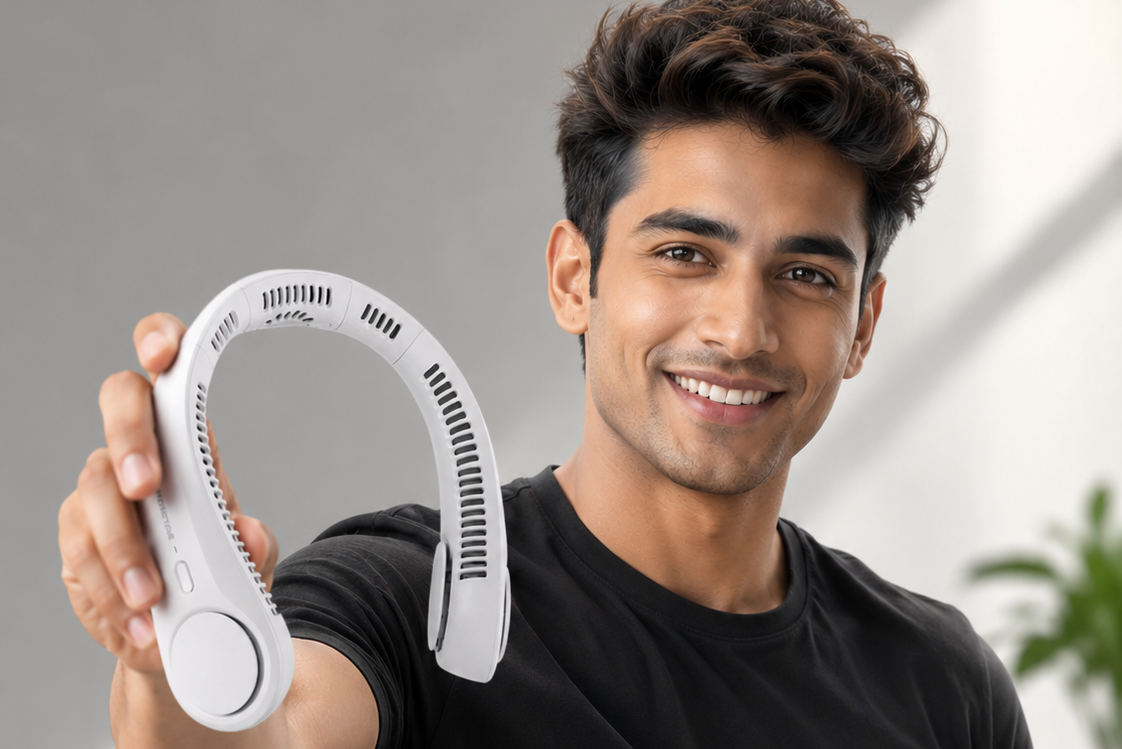 Stay Cool Anywhere – Portable Neck Fan (Hands-Free Cooling)