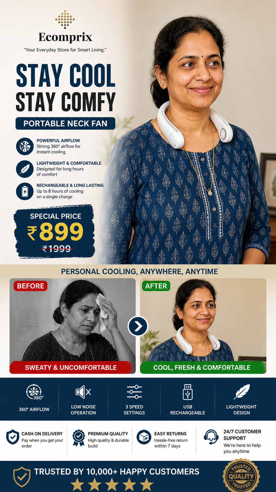 Stay Cool Anywhere – Portable Neck Fan (Hands-Free Cooling)